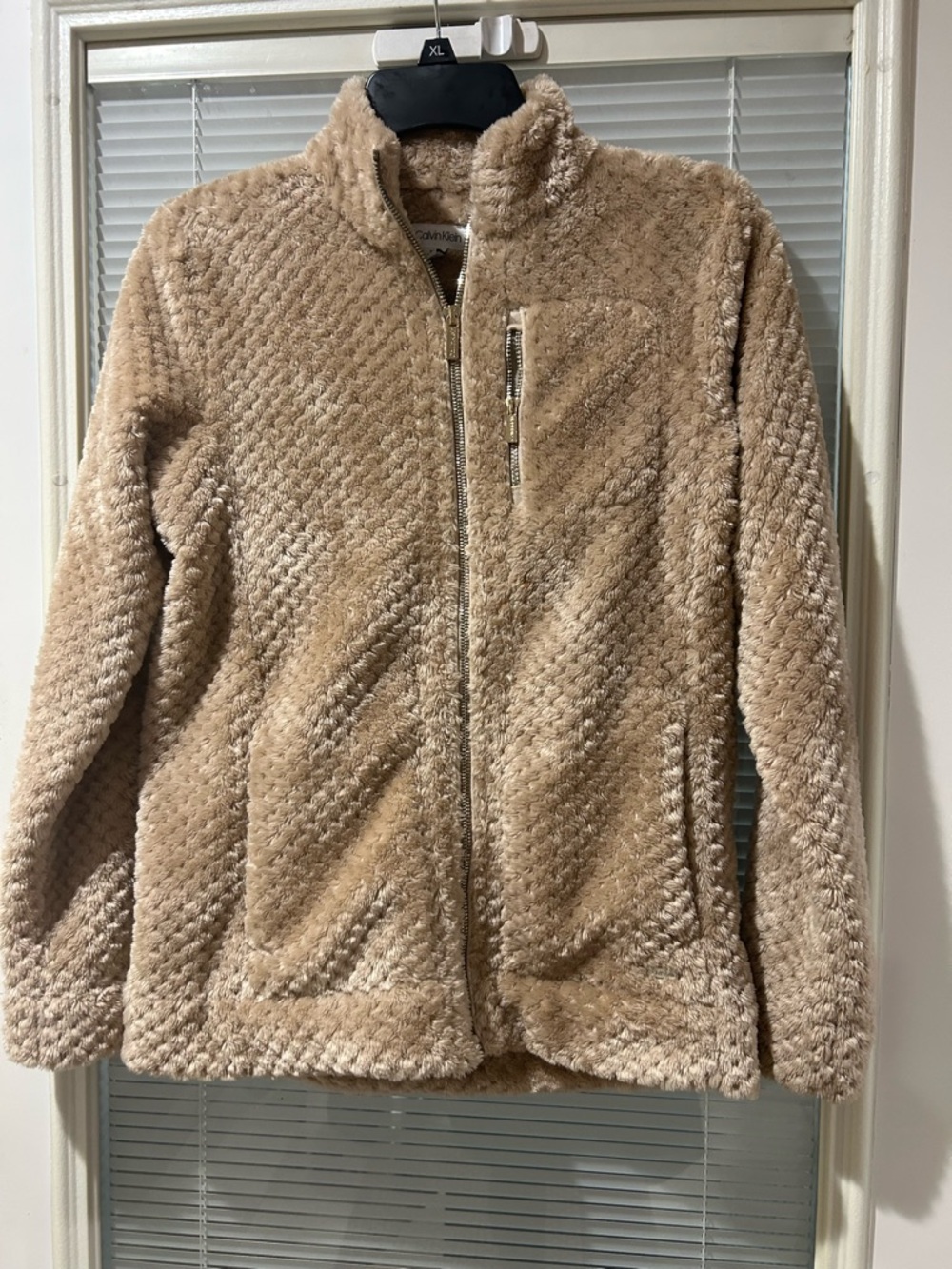 Calvin Klein Plush Full-Zip Teddy Jacket in Beige